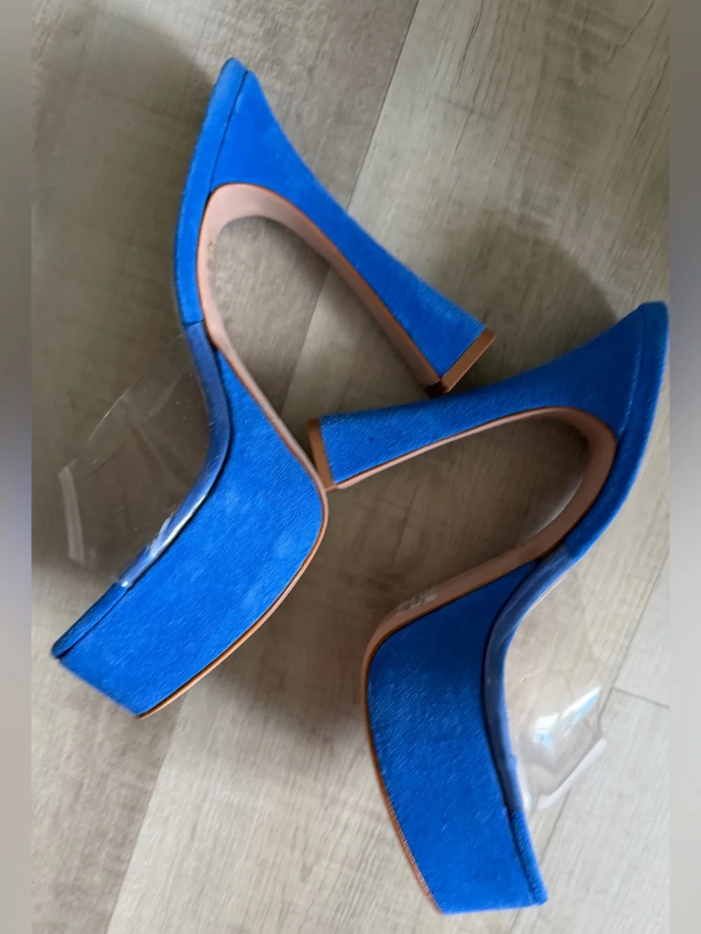 SCHUTZ Electric Blue Suede Platform Heels with Clear PVC Strap